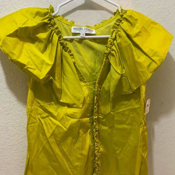 NWOT INCLAN STUDIO yellow green cropped popover short sleeve shirt blouse - Picture 2 of 6